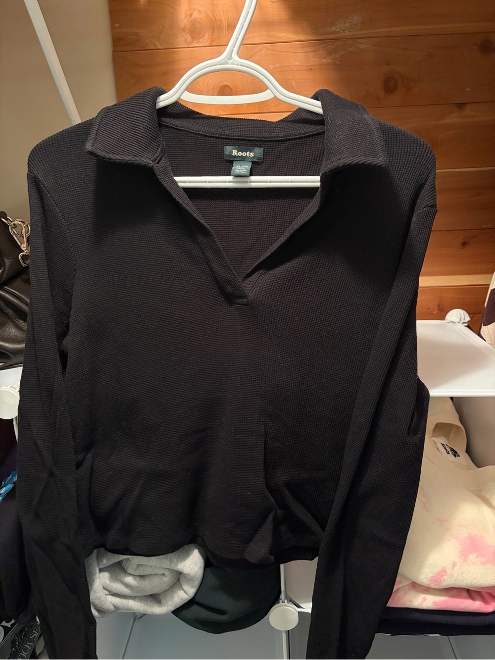 Roots Black Long-Sleeve Waffle Polo Top